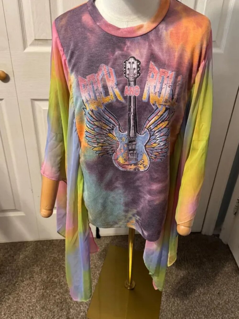 Rock & Roll Upcycled Pastel Tie Dye Graphic T-shirt on Flowy Sheer Sleeves OSFM